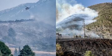 Ελικόπτερο κάνει ρίψεις νερού στο Ορθοβούνι Καλαμπάκας (φωτ.: EUROKINISSI)