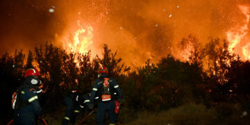 Πυροσβέστες επιχειρούν στην κατάσβεση της πυρκαγιάς στο χωριό Πρόδρομος Αχαΐας (φωτ.: ΑΠΕ-ΜΠΕ / Γιώτα Λοτσάρη)