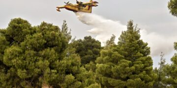 Πυροσβεστικό αεροσκάφος επιχειρεί στην κατάσβεση πυρκαγιάς που ξέσπασε σε δασική έκταση στο Αμόνι Κορινθίας, Τρίτη 23 Ιουλίου 2024 (φωτ.: ΑΠΕ-ΜΠΕ/ Βασίλης Ψωμάς)