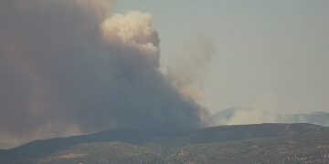 Ο καπνός από τη φωτιά που κινείται προς Αφράτι Εύβοιας, όπως φαίνεται από τον Ωρωπό (φωτ.: Facebook / Πυρκαγιά Ενημέρωση / Chris Vlachakisnew)