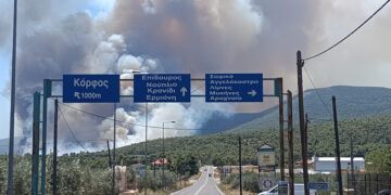 Πυκνοί καπνοί από την πυρκαγιά σε δασική έκταση στην περιοχή Άγιος Βλάσης Κορινθίας (φωτ.: ΑΠΕ-ΜΠΕ / Βασίλης Ψωμάς)