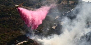 Πυροσβεστικό αεροσκάφος πραγματοποιεί ρίψεις νερού στο πύρινο μέτωπο της Εύβοιας (φωτ.: EUROKINISSI/Μιχάλης Παπαδόπουλος)