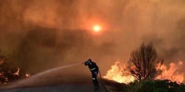 Πυροσβέστης προσπαθεί να περιορίσει τις φλόγες στην Εύβοια (φωτ.: EUROKINISSI/Μιχάλης Παπαδόπουλος)