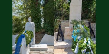 Αριστερά, η προτομή του Περικλή Στεφανίδη και δεξιά του Χρήστου Μουλά (φωτ.: Γραφείο Τύπου ΓΕΕΘΑ)