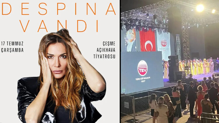 Η αφίσα που προανήγγειλλε τη συναυλία, και δεξιά η εικόνα της σκηνής στην οποία αρνήθηκε να τραγουδήσει η Δέσποινα Βανδή