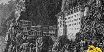Η Παναγία Σουμελά σε χαρακτικό του 1880 (πηγή: commons.wikimedia.org. Εικ.: Χριστίνα Κωνσταντάκη)