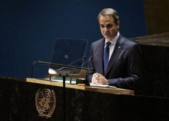 Ο Κυριάκος Μητσοτάκης μιλά στην 78η σύνοδο της Γενικής Συνέλευσης του ΟΗΕ στη Νέα Υόρκη στις 21 Σεπτεμβρίου του 2023 (φωτ. αρχείου: Γραφείο Τύπου πρωθυπουργού/ Δημήτρης Παπαμήτσος)