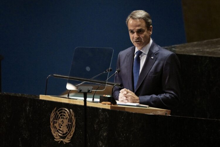 Ο Κυριάκος Μητσοτάκης μιλά στην 78η σύνοδο της Γενικής Συνέλευσης του ΟΗΕ στη Νέα Υόρκη στις 21 Σεπτεμβρίου του 2023 (φωτ. αρχείου: Γραφείο Τύπου πρωθυπουργού/ Δημήτρης Παπαμήτσος)