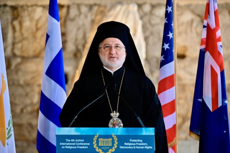 Ο αρχιεπίσκοπος Αμερικής Ελπιδοφόρος μιλάει στο 4ο Διεθνές Συνέδριο των Αρχόντων του Οικουμενικού Πατριαρχείου στη Στοά Αττάλου, Δευτέρα 27 Μαΐου 2024 (φωτ.: ΑΠΕ-ΜΠΕ/Δημήτρης Πανάγος)