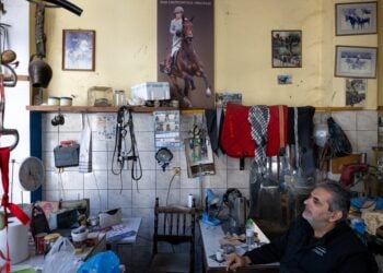 Ο Ζαφείρης Μιχαλακέλης φωτογραφίζεται στο εργαστήριο του στο Πλωμάρι (φωτ.: ΑΠΕ-ΜΠΕ/ΗΛΙΑΣ ΜΑΡΚΟΥ)