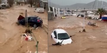 Στην Πάρο τα νερά παρέσυραν αυτοκίνητα και πλημμύρισαν ολόκληρες περιοχές (φωτ.: glomex)