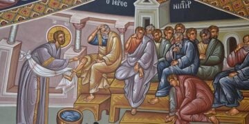 Αγιογραφία στην οποία απεικονίζεται ο Ιερός Νιπτήρας δηλαδή το πλύσιμο των ποδιών των μαθητών από τον Χριστό (φωτ.: imd.gr)