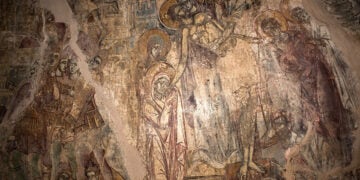 Τοιχογραφία με την παράσταση της Αποκαθήλωσης στη Μονή του Αγίου Γεωργίου του Αρμά στην Εύβοια (πηγή: Εφορεία Αρχαιοτήτων Εύβοιας)