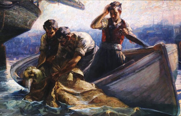 «Το μαρτύριο του Πατριάρχη Γρηγορίου». Γεώργιος Ροϊλός, λάδι σε μουσαμά (πριν από το 1925). Εθνική Πινακοθήκη - Μουσείο Αλεξάνδρου Σούτσου
