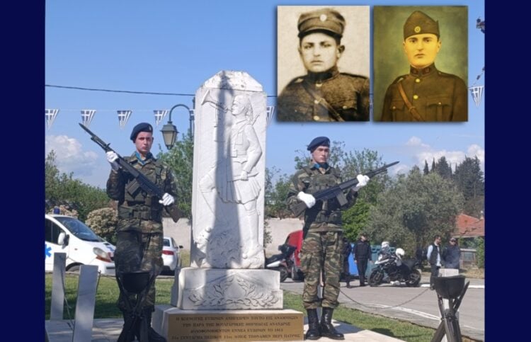 Το ηρώο των Ευζώνων. Στις φωτογραφίες απεικονίζονται οι δύο ήρωες της Μάχης των Ευζώνων, Αλέξης Γρηγοριάδης και Σίμος Ιωαννίδης (φωτ.:. Αλεξία Ιωαννίδου)