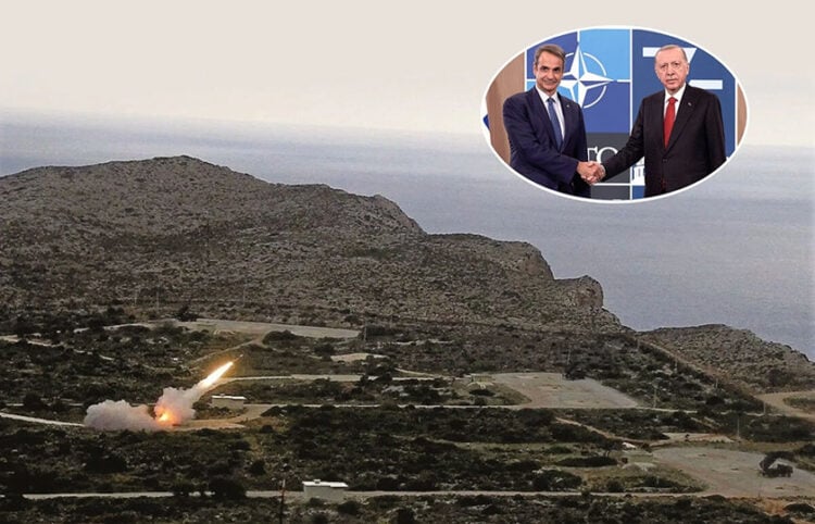 Το πεδίο βολής στην Κρήτη και στην εμβόλιμη φωτογραφία χειραψία Μητσοτάκη-Ερντογάν στο περιθώριο συνόδου του ΝΑΤΟ (πηγή: newsbreak.gr)