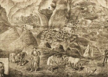 Η επτάκωμος Σάντα. Με το [1] πάνω δεξιά η ενορία Ισχανάντων. Σχέδιο του Κ. Σπυράντη, 1896, δημοσιεύθηκε με το άρθρο του Μ. Νυμφόπουλου στην «Ποντιακή Εστία» για το Πάσχα στη Σάντα
