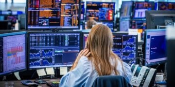Εργαζόμενη στην αίθουσα συναλλαγών της Nordea Markets στο Όσλο παρακολουθεί την αναταραχή και τις απότομες μειώσεις στις χρηματιστηριακές αγορές μετά τον πόλεμο των δασμών που επηρεάζει τις αγορές παγκοσμίως (φωτ.: EPA/Ole Berg-Rusten)