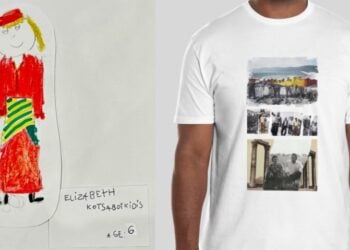 Αριστερά η ζωγραφιά μιας 6χρονης Ποντιοπούλας και δεξιά μπλουζάκι με το πρώτο βραβείο του περσινού διαγωνισμού «Θραύσματα της Διασποράς» της Ανθούλας Λελεκίδη (φωτ.: facebook/Pontian Youth Association USA-Canada)