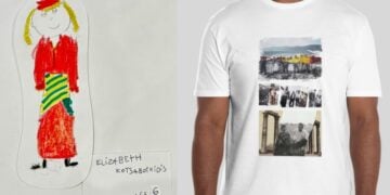 Αριστερά η ζωγραφιά μιας 6χρονης Ποντιοπούλας και δεξιά μπλουζάκι με το πρώτο βραβείο του περσινού διαγωνισμού «Θραύσματα της Διασποράς» της Ανθούλας Λελεκίδη (φωτ.: facebook/Pontian Youth Association USA-Canada)