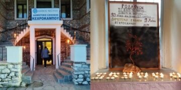 Αριστερά το δημοτικό σχολείο Κεχρόκαμπου και δεξιά τα κεριά για την επέτειο της γενοκτονίας (φωτ.: Σύλλογος Γονέων Δημοτικού Σχολείου Κεχρόκαμπου)