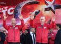 Ο Τούρκος πρόεδρος Ρετζέπ ΤΑγίπ Ερντογάν (δεξιά) με τον Τουρκοκύπριο ηγέτη Ερσίν Τατάτ στη διάρκεια των εκδηλώσεων Teknofest στη Λευκωσία (φωτ.: EPA/Erdem Sahin)
