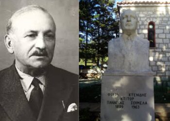 Αριστερά ο Φίλων Κτενίδης και δεξιά η προτομή του στη Μονή Παναγίας Σουμελά, στην Καστανιά Ημαθίας (φωτ.: wikipedia/Lemur12)