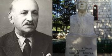 Αριστερά ο Φίλων Κτενίδης και δεξιά η προτομή του στη Μονή Παναγίας Σουμελά, στην Καστανιά Ημαθίας (φωτ.: wikipedia/Lemur12)