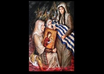 Ο πίνακας της ζωγράφου Μαρίας Σιδέρη με την ιστορική πορεία των Ποντίων μέχρι τη Γενοκτονία (φωτ. αρχείου: Βασίλης Τσενκελίδης)