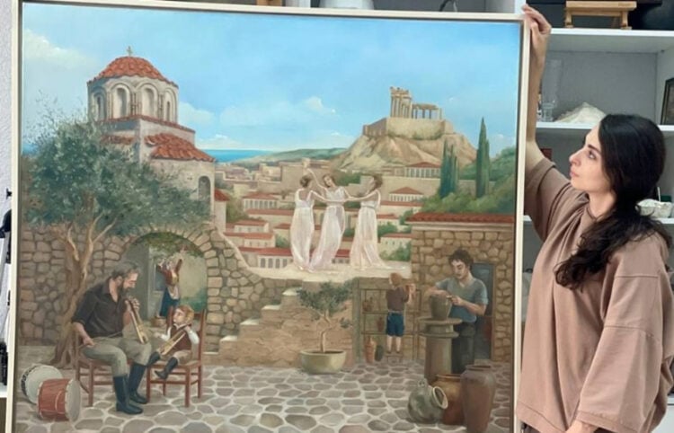 H Νίνα Ιωαννίδη με τον πίνακα που έγινε τοιχογραφία στη «Ρωμιοσύνη» (πηγή: vk.com)