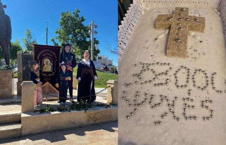 Μέλη του σωματείου στο Μνημείο Γενοκτονίας του Ποντιακού Ελληνισμού στην πλατεία Παραμάνα και δεξιά το σινί με τα κόλλυβα (φωτ.: facebook/Σωματείο Παναγία Σουμελά Δήμου Θέρμης)