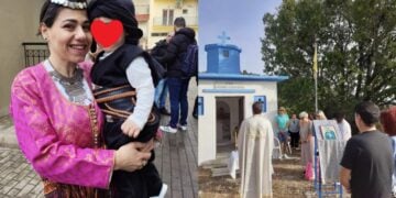 Αριστερά, μια νεαρή μητέρα με τον μικρούλη απόγονο του Πόντου και δεξιά το παρεκκλήσι του Ιωάννη του Θεολόγου (φωτ.: facebook/Σύλλογος Ποντίων Ν.Ξάνθης)