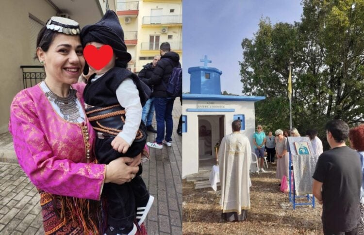 Αριστερά, μια νεαρή μητέρα με τον μικρούλη απόγονο του Πόντου και δεξιά το παρεκκλήσι του Ιωάννη του Θεολόγου (φωτ.: facebook/Σύλλογος Ποντίων Ν.Ξάνθης)