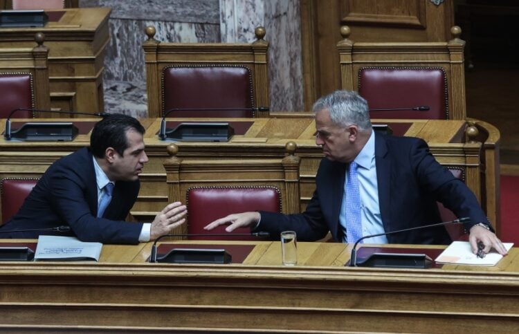 Από αριστερά, ο Θάνος Πλεύρης με τον Μάκη Βορίδη σε παλιότερο στιγμιότυπο στη Βουλή (φωτ.: EUROKINISSI/Παναγιώτης Στόλης)
