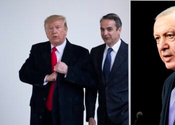 Ντόναλντ Τραμπ και  Κυριάκος Μητσοτάκης πριν από συνάντησή τους στο Οβάλ Γραφείο και Ρετζέπ Ταγίπ Ερντογάν στη Σύνοδο Κορυφής του ΝΑΤΟ (εικ.: EPA/MICHAEL REYNOLDS/ EPA/ RAMON VAN FLYMEN)