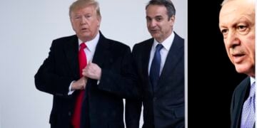 Ντόναλντ Τραμπ και  Κυριάκος Μητσοτάκης πριν από συνάντησή τους στο Οβάλ Γραφείο και Ρετζέπ Ταγίπ Ερντογάν στη Σύνοδο Κορυφής του ΝΑΤΟ (εικ.: EPA/MICHAEL REYNOLDS/ EPA/ RAMON VAN FLYMEN)