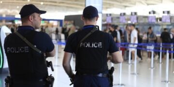 Κύπριοι αστυνομικοί στο αεροδρόμιο της Λάρνακας φρουρούν Ισραηλινούς που ετοιμάζονται να αναχωρήσουν για τη Χάιφα (φωτ.: EPA/Alex Mita)