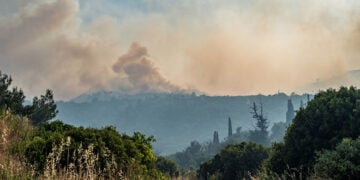 Πυρκαγιά καίει δασική έκταση στην περιοχή Άγιος Γεώργιος Συκούσης στη Χίο (φωτ.: ΑΠΕ-ΜΠΕ / Κώστας Κούργιας)