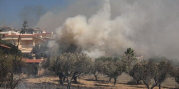 Φωτιά κοντά σε σπίτια στην Παλαιά Φώκαια Αττικής (φωτ.: ΑΠΕ-ΜΠΕ / Γιώργος Βιτσαράς)