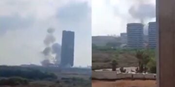 Στιγμιότυπα από το βίντεο που δείχνει τα πλήγματα στο κέντρο της Μοσάντ (φωτ. Χ/Babak Taghvaee - The Crisis Watch)