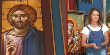 Η Σπ. Τσεβρενίδου (δεξιά) με έργα της (στιγμιότυπο από το βίντεο της εκπομπής «Περίμετρος»)