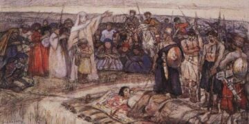 Η πριγκίπισσα Όλγα βλέπει το άψυχο σώμα του συζύγου της πρίγκιπα Ιγκόρ σε σκίτσο του Vasily Surikov (1848–1916) που φιλοτεχνήθηκε το 1915 (πηγή: en.wikipedia.org/wiki)