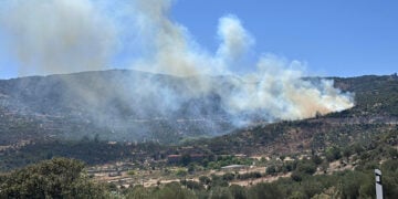 Καπνός από τη φωτιά στην Καλλονή, πάνω από τη Μόνη Λειμώνος  (φωτ.: Facebook / Kalloninews.gr)