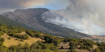 Καπνός από τη φωτιά που καταπίνει παρθένο δάσος στον Φενεό (φωτ.: Facebook / Ορεινή Κορινθία - Φενεός)