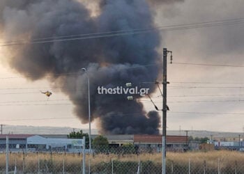 Μαύρος καπνός από τη φωτιά στο εργοστάσιο ανακύκλωσης στη Σίνδο (φωτ.: thestival.gr)