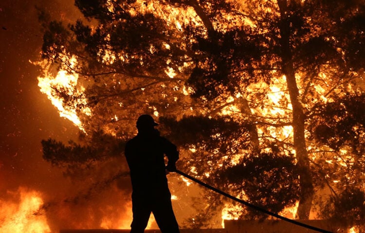 Πυροσβέστης επιχειρεί στην κατάσβεση πυρκαγιάς που ξέσπασε λίγο πριν τις 18.00 το απόγευμα σε αγροτοδασική έκταση στο Ασπροχώρι Ωρωπού (φωτ.: ΑΠΕ-ΜΠΕ / Ορέστης Παναγιώτου)