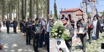 Αριστερά, η πομπή με τα οστά του Θεόδωρου Χαραλαμπίδη και δεξιά με τα οστά του Στέφανου Κουτρούλη (φωτ.: facebook/Θεοδώρα Τζάκρη-EUROKINISSI/Ραφαήλ Γεωργιάδης)