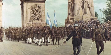 Τμήματα του ελληνικού πεζικού περνούν κάτω από την Αψίδα του Θριάμβου, ενώ παρελαύνουν στη Λεωφόρο Ηλυσίων Πεδίων στο Παρίσι. Ελαιογραφία του Δημήτρη Βασιλείου. Εθνικό Ιστορικό Μουσείο I Συλλογή Ζωγραφικών (πηγή: Ιστορική και Εθνολογική Εταιρεία της Ελλάδος)