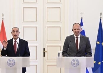 Εικόνα από τη συνέντευξη Τύπου του υπουργού Εξωτερικών Γιώργου Γεραπετρίτη με τον Αιγύπτιο ομόλογό του Abdelatty, στην Αθήνα 
(φωτ.: Μιχάλης Καραγιάννης/ EUROKINISSI)