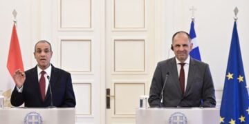 Εικόνα από τη συνέντευξη Τύπου του υπουργού Εξωτερικών Γιώργου Γεραπετρίτη με τον Αιγύπτιο ομόλογό του Abdelatty, στην Αθήνα 
(φωτ.: Μιχάλης Καραγιάννης/ EUROKINISSI)